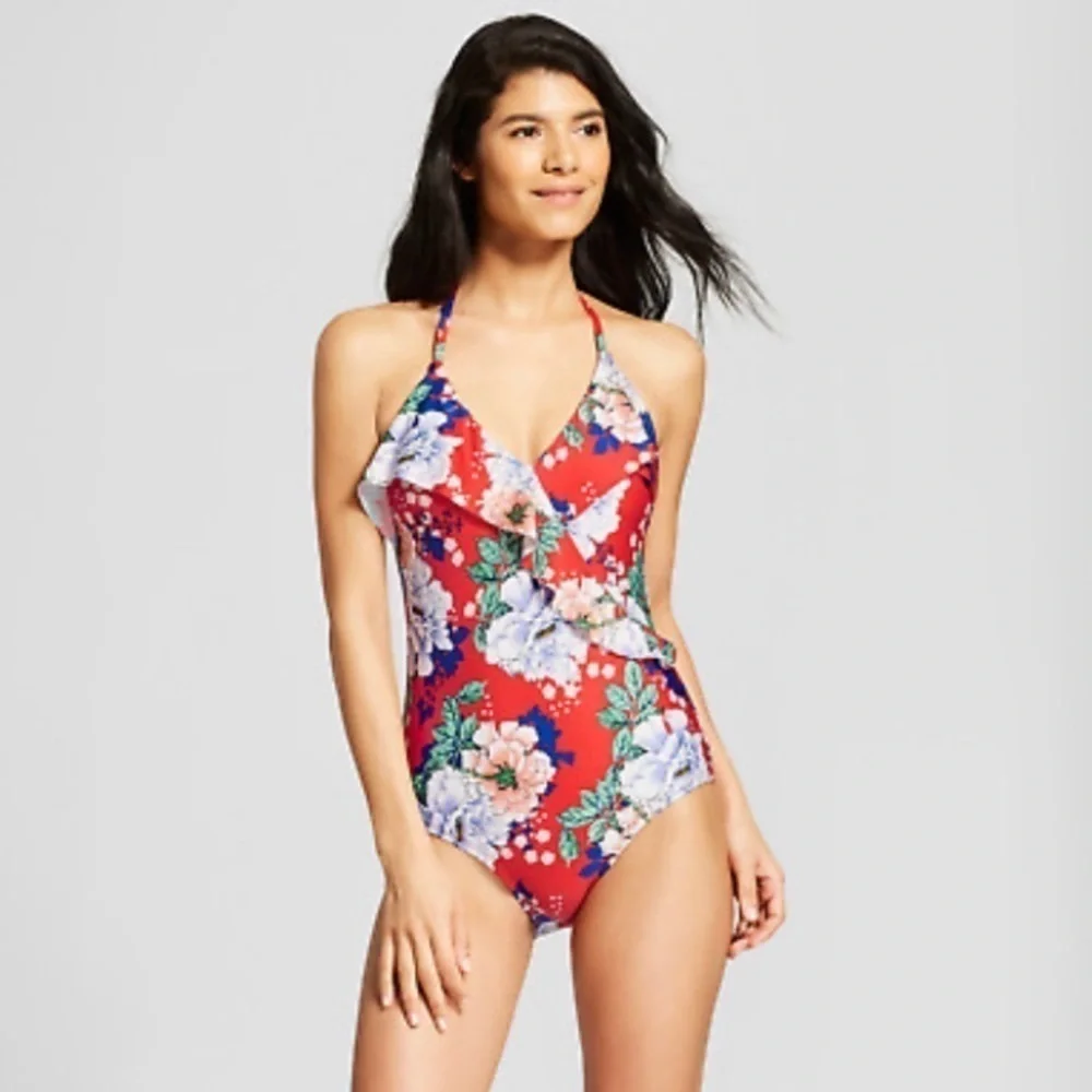 Cleanwater red multicolor floral print one piece halter ruffle bathing suit